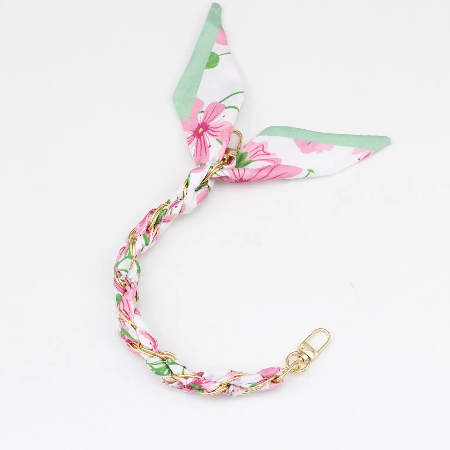 Silk Scarf & Gold Chain Phone Lanyard Wristlet Elegant Bow Ribbon Keyring & Bag Charm (Random Design)