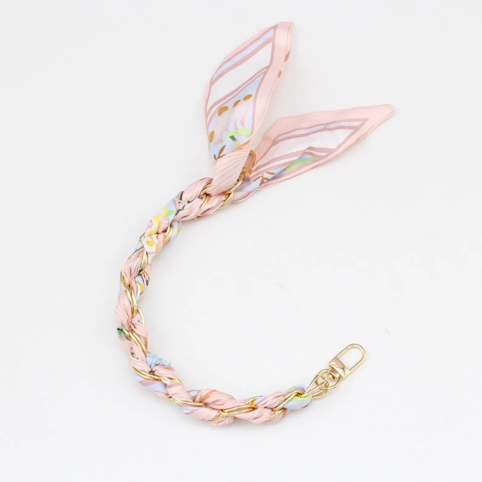 Silk Scarf & Gold Chain Phone Lanyard Wristlet Elegant Bow Ribbon Keyring & Bag Charm (Random Design)