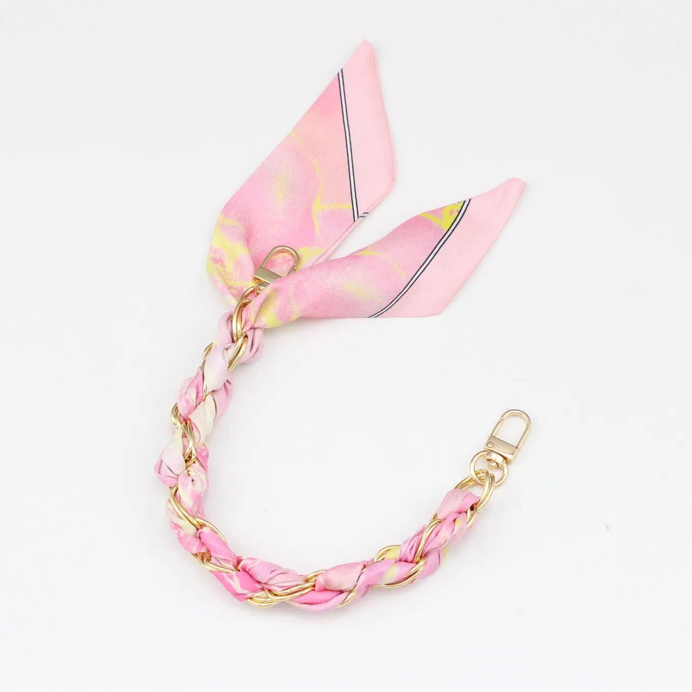 Silk Scarf & Gold Chain Phone Lanyard Wristlet Elegant Bow Ribbon Keyring & Bag Charm (Random Design)
