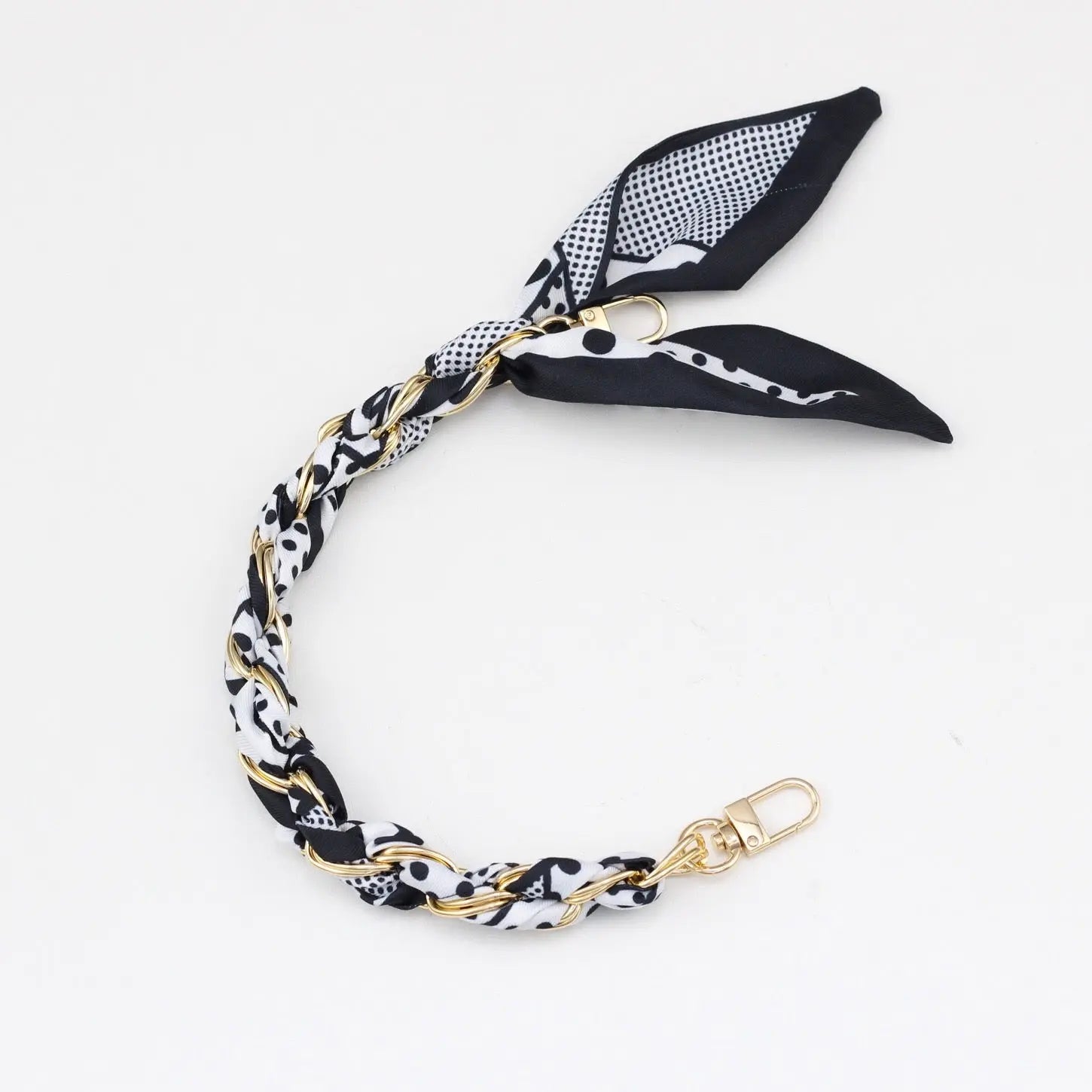 Silk Scarf & Gold Chain Phone Lanyard Wristlet Elegant Bow Ribbon Keyring & Bag Charm (Random Design)