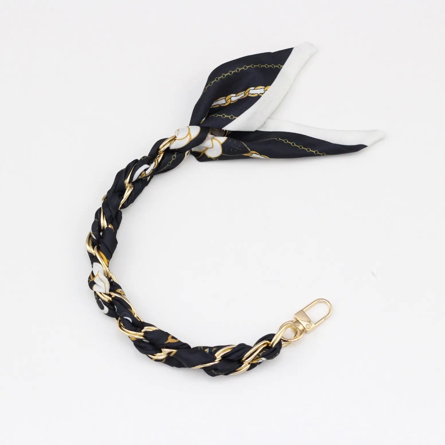 Silk Scarf & Gold Chain Phone Lanyard Wristlet Elegant Bow Ribbon Keyring & Bag Charm (Random Design)