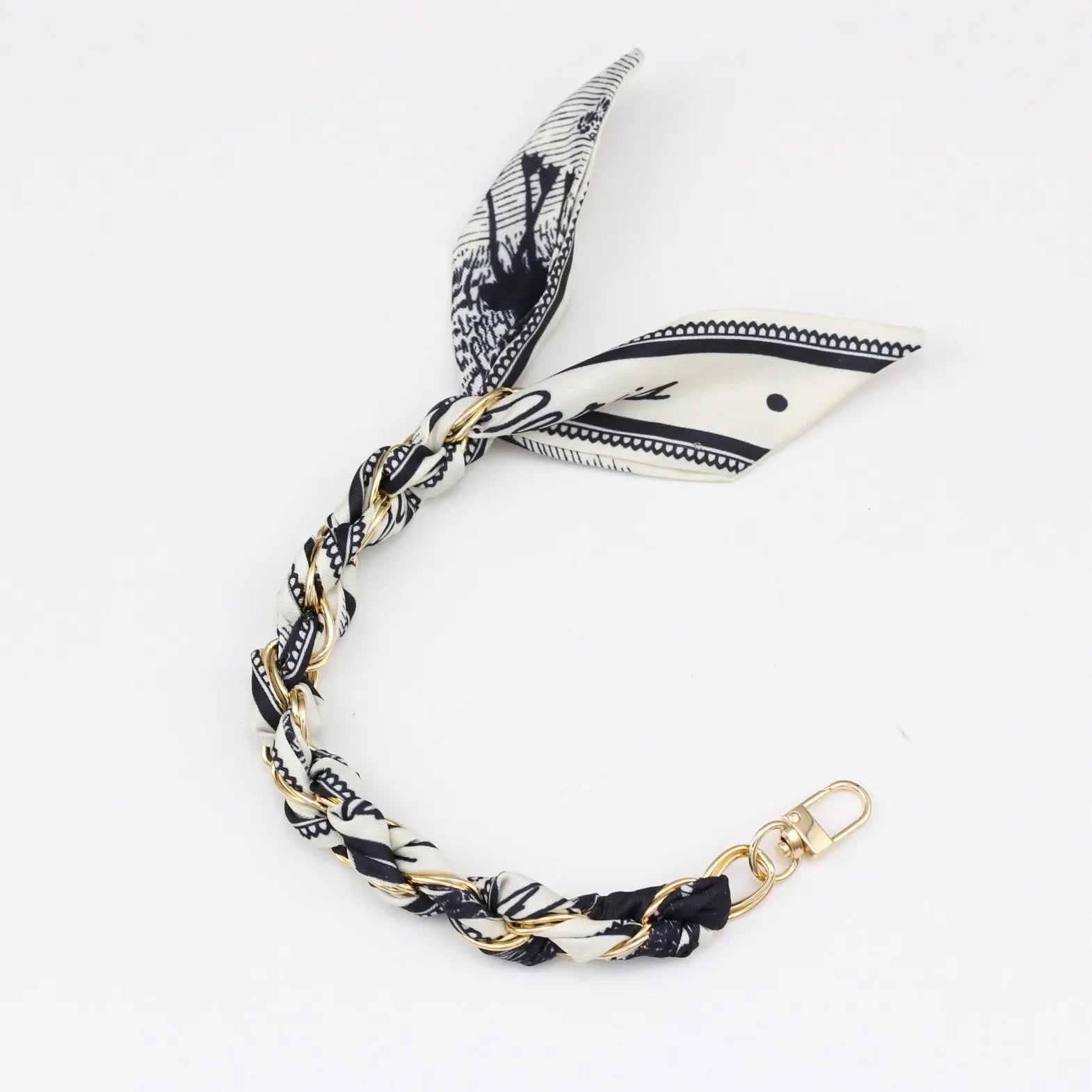 Silk Scarf & Gold Chain Phone Lanyard Wristlet Elegant Bow Ribbon Keyring & Bag Charm (Random Design)