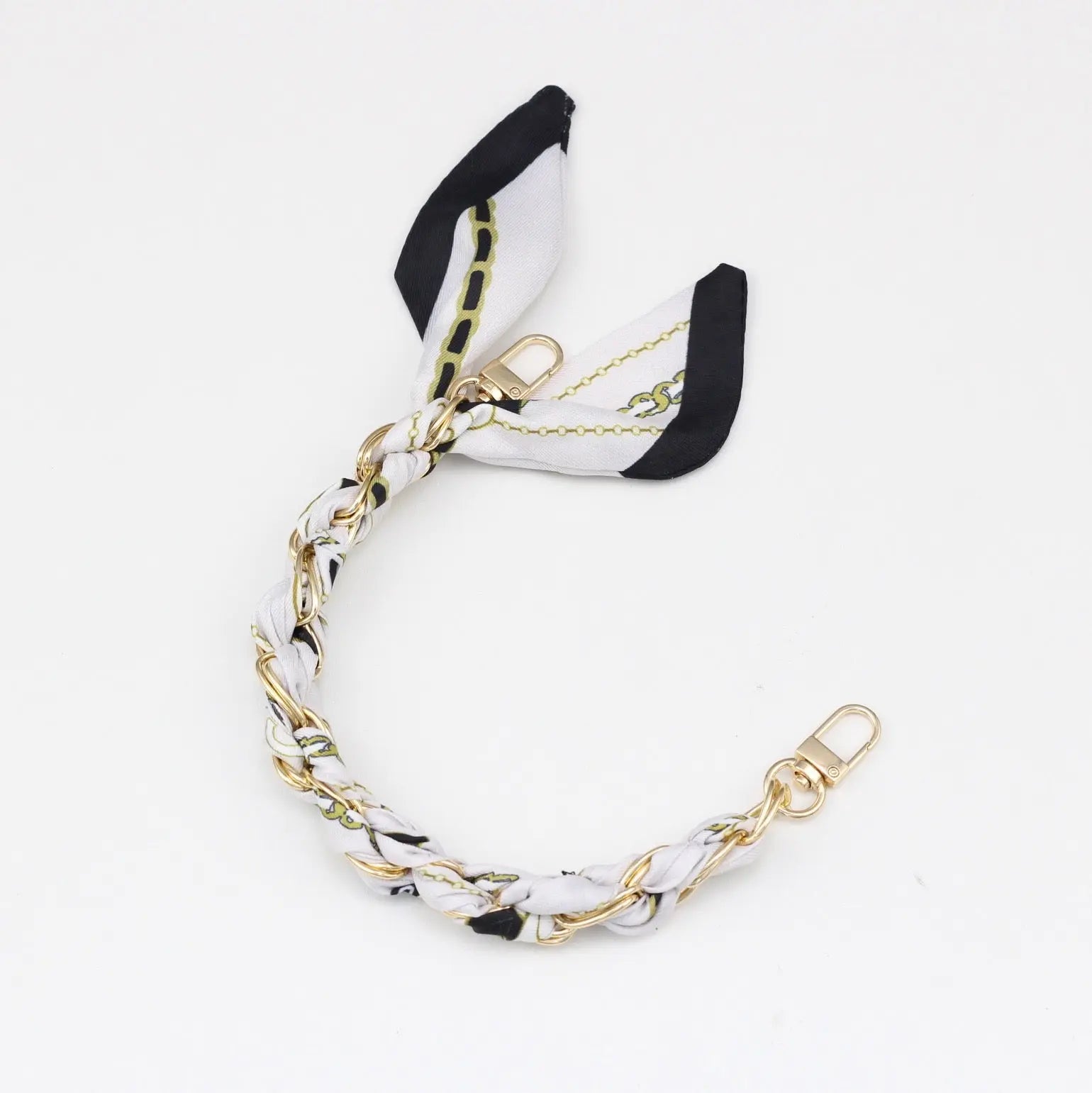 Silk Scarf & Gold Chain Phone Lanyard Wristlet Elegant Bow Ribbon Keyring & Bag Charm (Random Design)