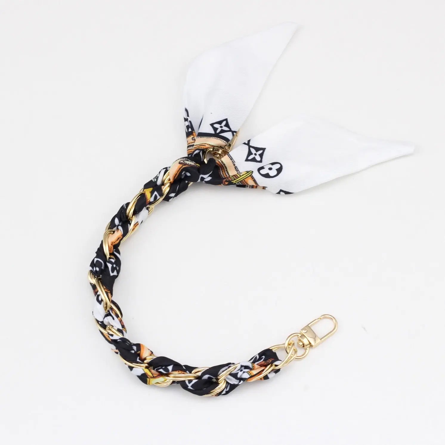 Silk Scarf & Gold Chain Phone Lanyard Wristlet Elegant Bow Ribbon Keyring & Bag Charm (Random Design)