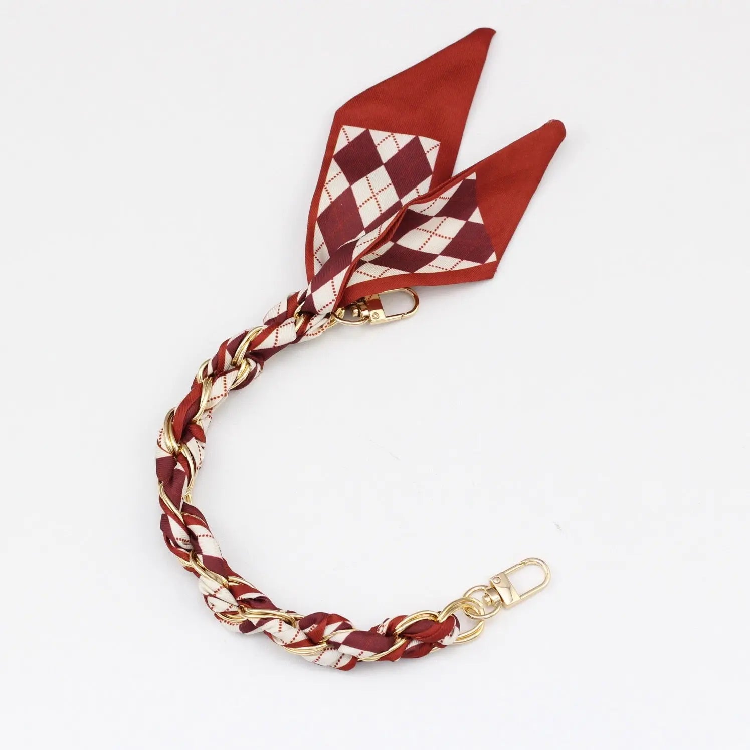 Silk Scarf & Gold Chain Phone Lanyard Wristlet Elegant Bow Ribbon Keyring & Bag Charm (Random Design)