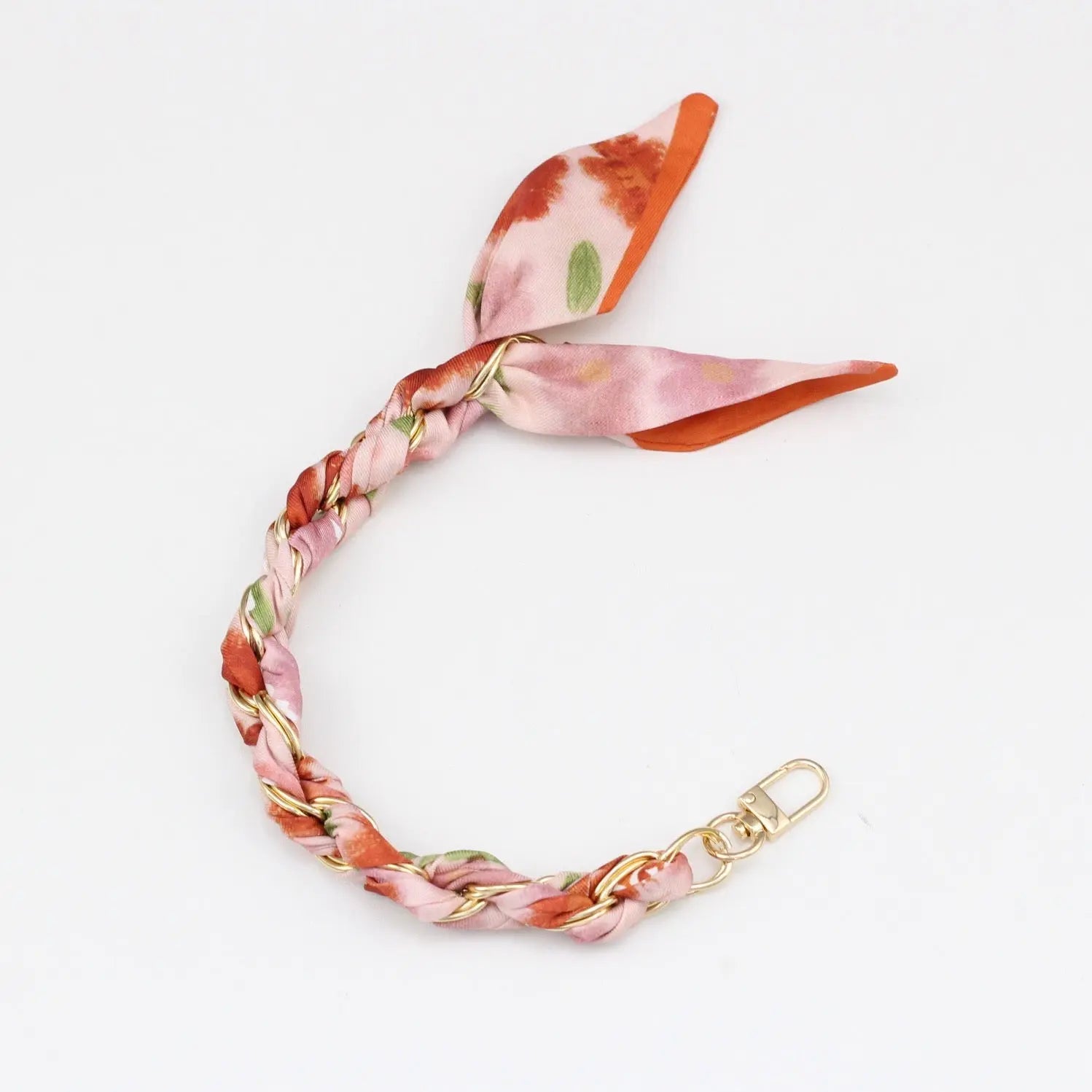 Silk Scarf & Gold Chain Phone Lanyard Wristlet Elegant Bow Ribbon Keyring & Bag Charm (Random Design)