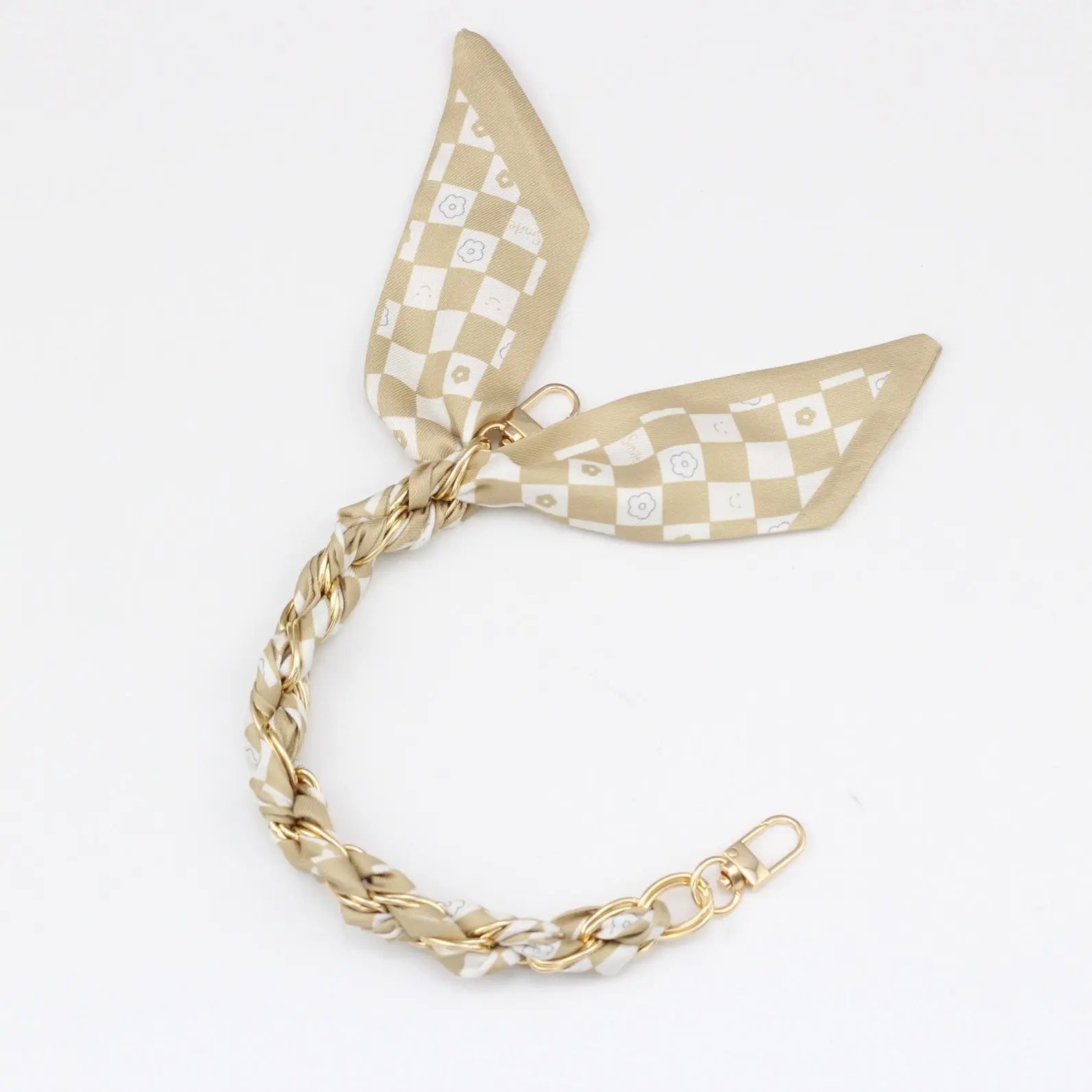 Silk Scarf & Gold Chain Phone Lanyard Wristlet Elegant Bow Ribbon Keyring & Bag Charm (Random Design)