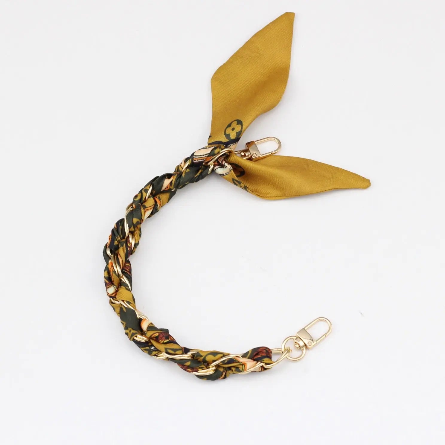 Silk Scarf & Gold Chain Phone Lanyard Wristlet Elegant Bow Ribbon Keyring & Bag Charm (Random Design)