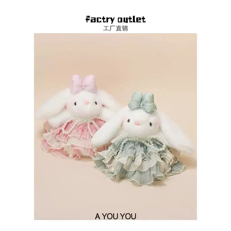 Cute Plush Bunny Princess Charm Pearl Bow & Ruffled Dress Keychain Pendant
