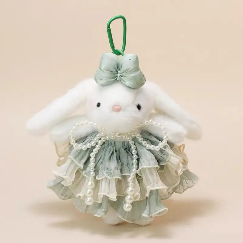 Cute Plush Bunny Princess Charm Pearl Bow & Ruffled Dress Keychain Pendant