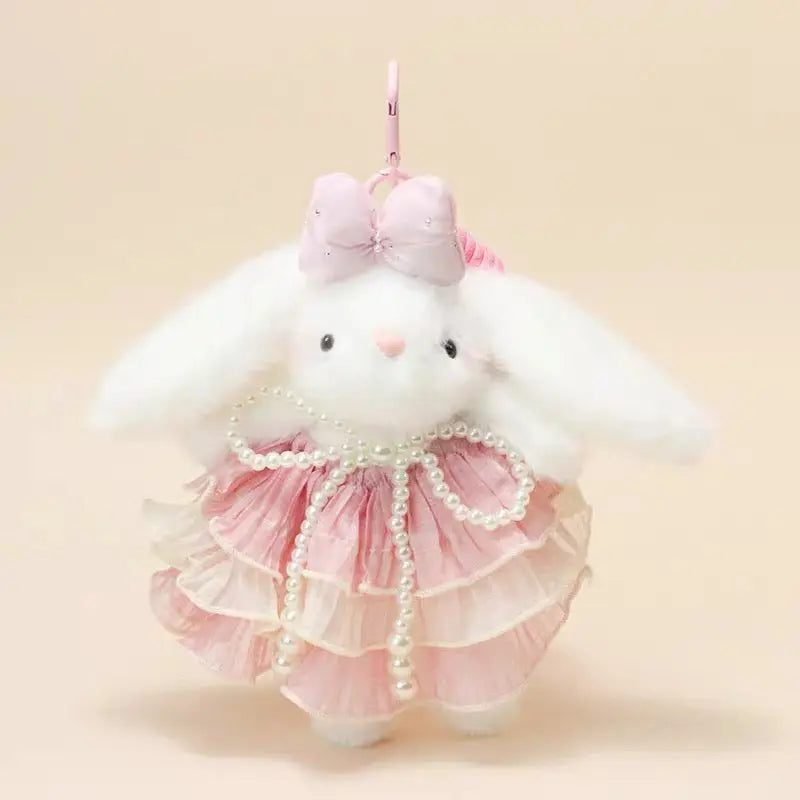 Cute Plush Bunny Princess Charm Pearl Bow & Ruffled Dress Keychain Pendant