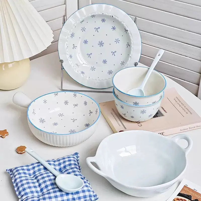 Blue Bow & Snowflake Ceramic Dinnerware Set