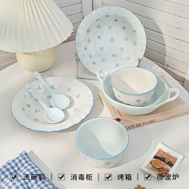 Blue Bow & Snowflake Ceramic Dinnerware Set