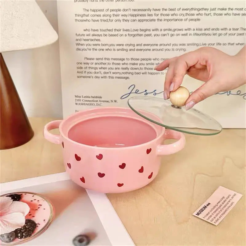 Pink Heart Ceramic Noodle Bowl Set with Lid, Spoon & Chopsticks