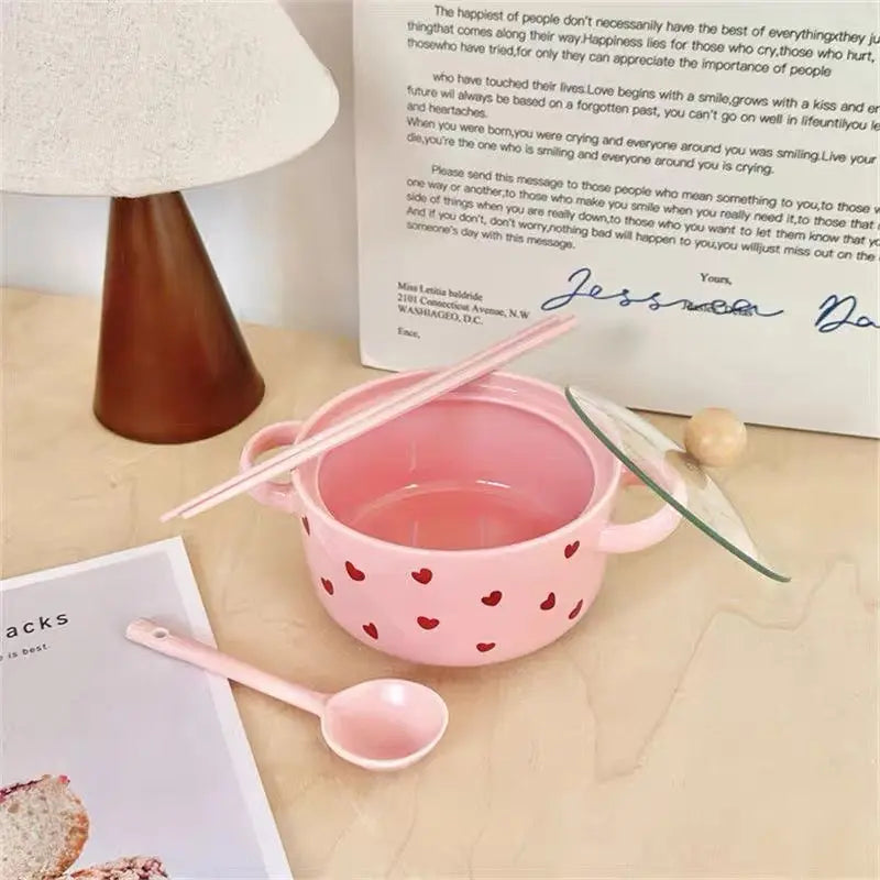 Pink Heart Ceramic Noodle Bowl Set with Lid, Spoon & Chopsticks