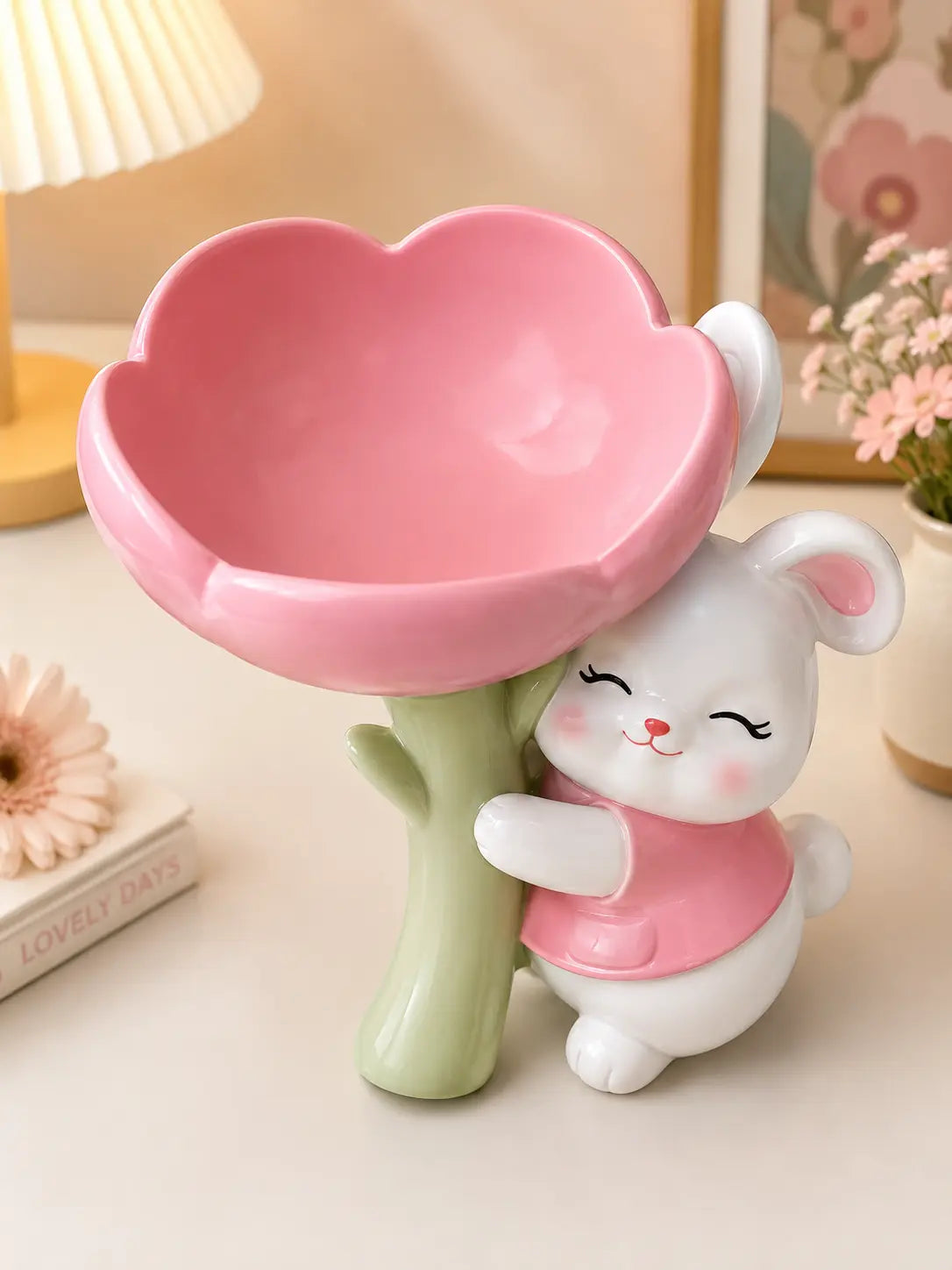 Cute Bunny Flower Decorative Tray Pink Rabbit Storage Bowl