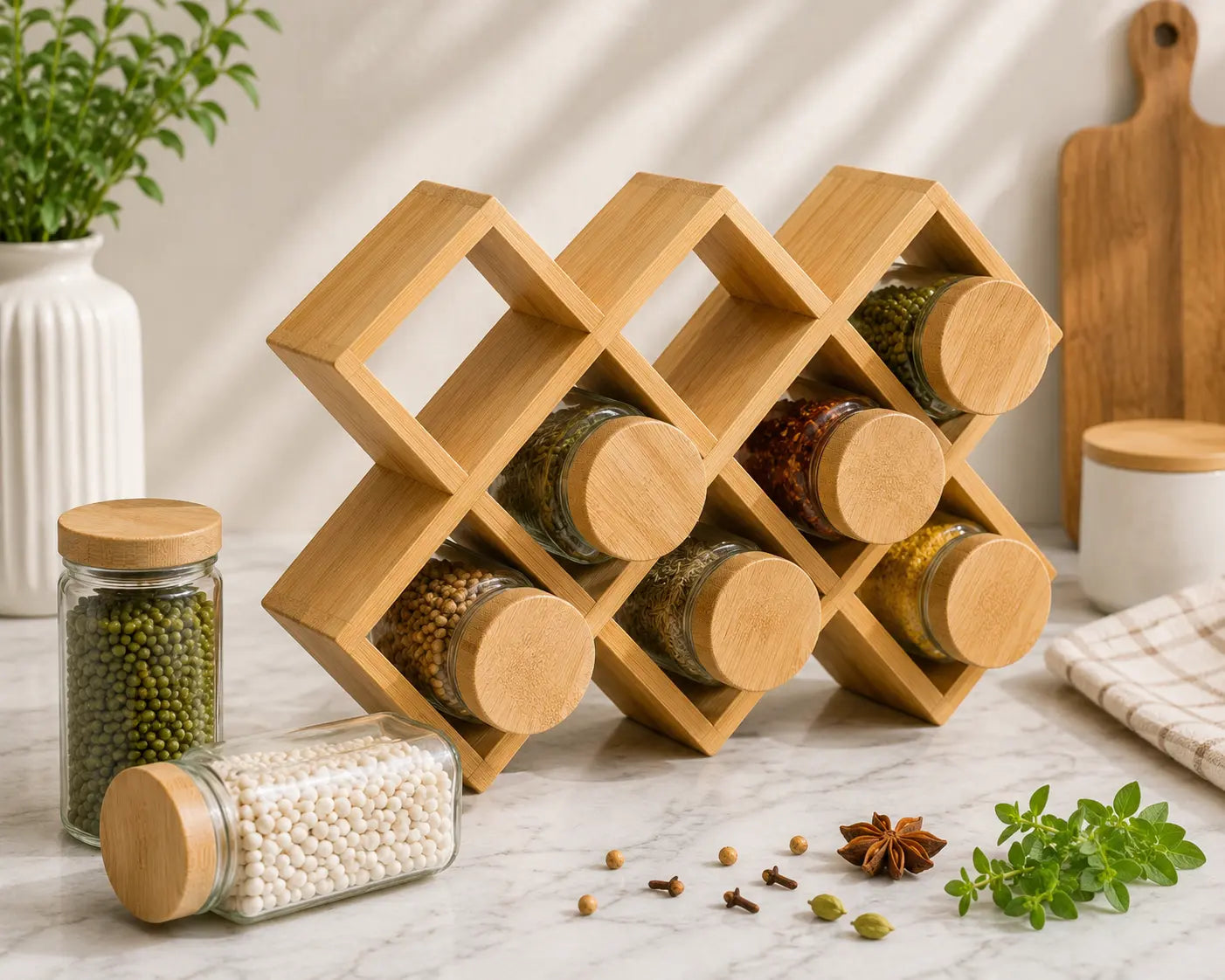Bamboo Spice Jar Organizer Rack with Glass Storage Jars