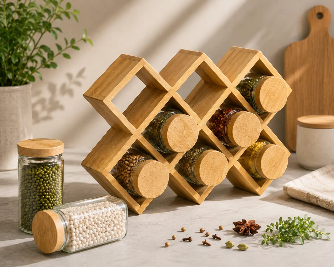 Bamboo Spice Jar Organizer Rack with Glass Storage Jars