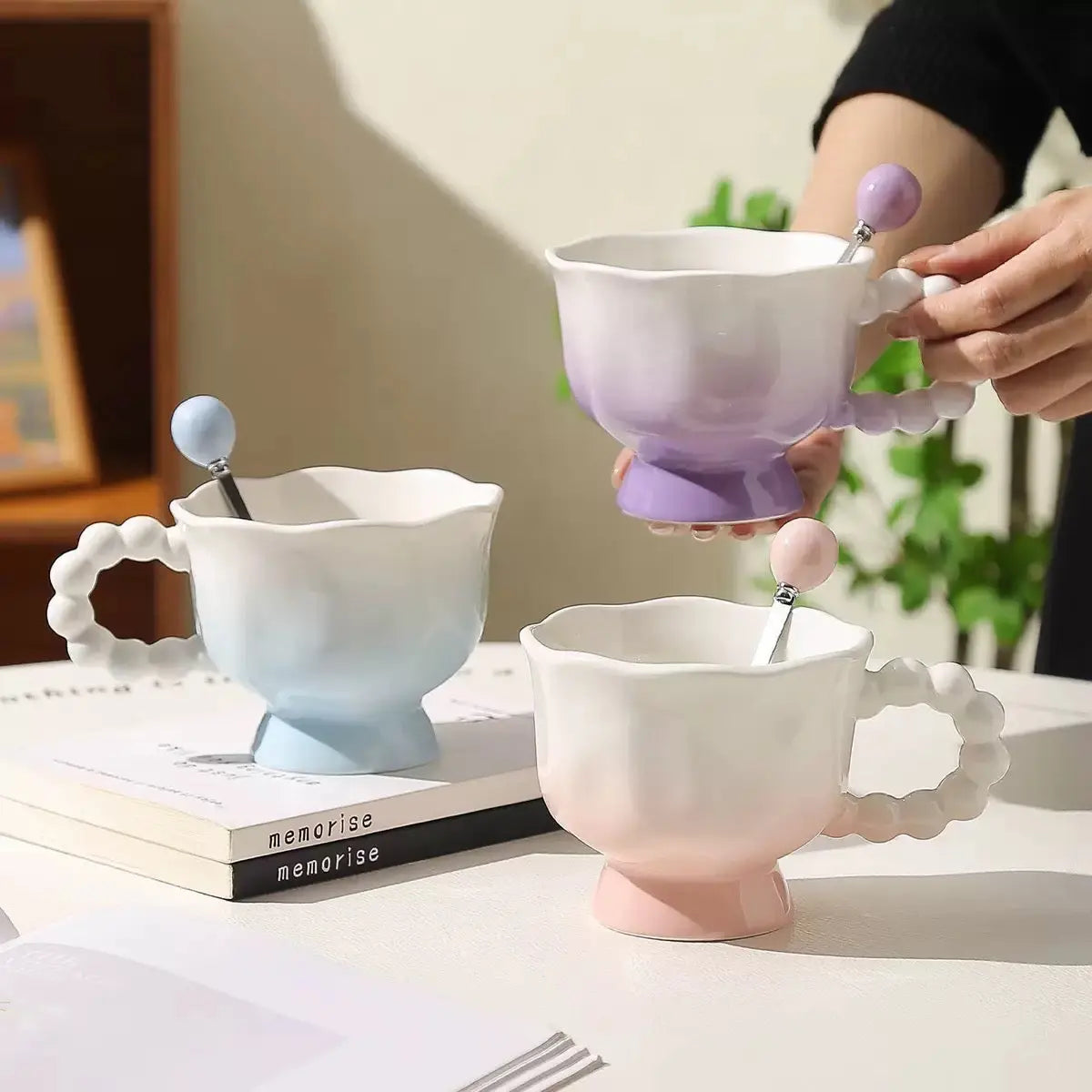 Pastel Gradient Ceramic Mug with Ruffle Handle & Spoon
