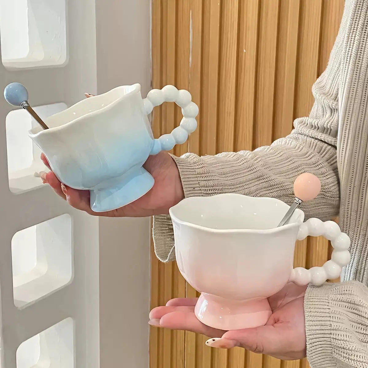 Pastel Gradient Ceramic Mug with Ruffle Handle & Spoon