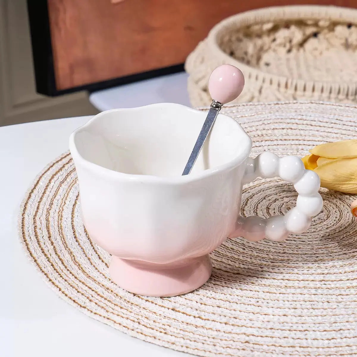 Pastel Gradient Ceramic Mug with Ruffle Handle & Spoon