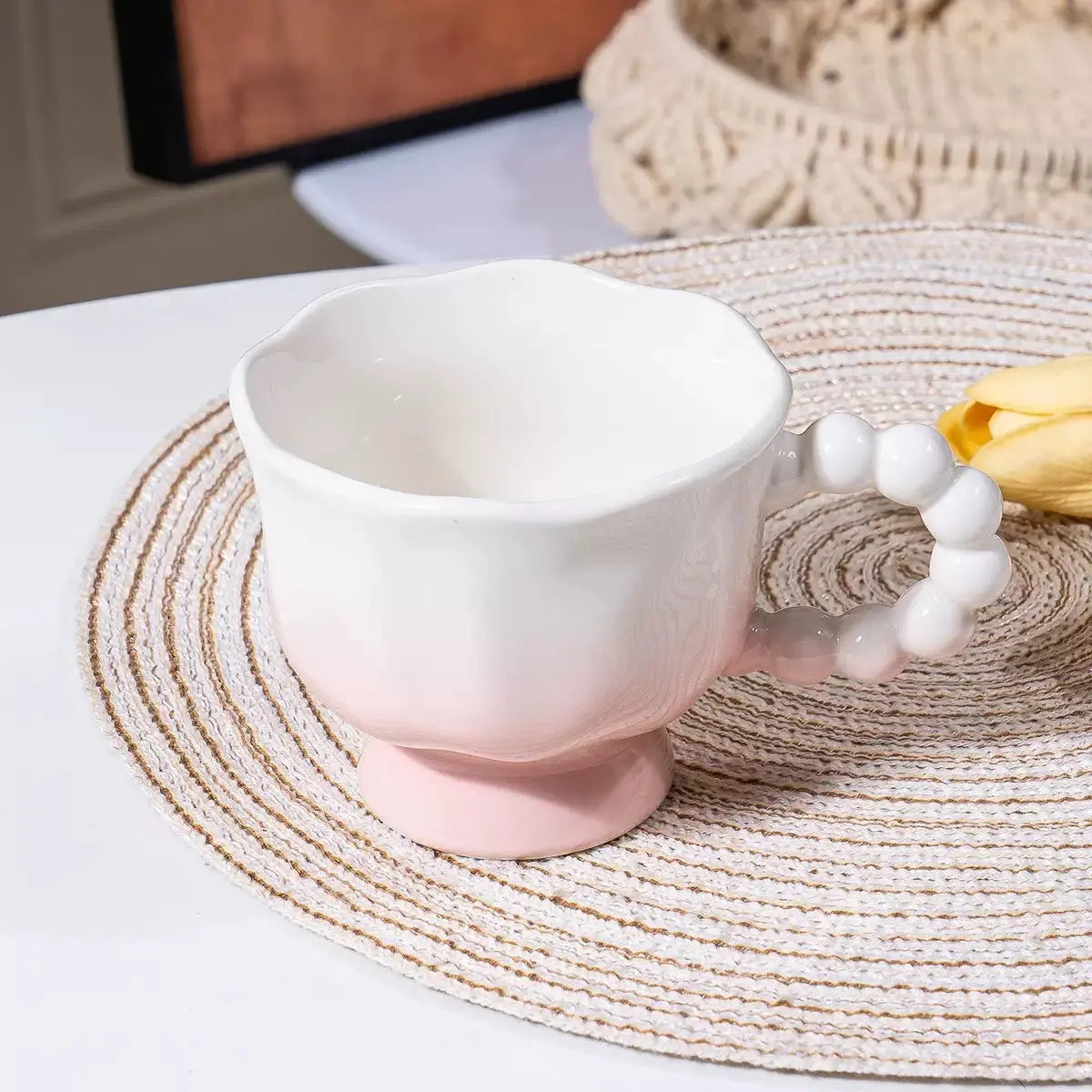 Pastel Gradient Ceramic Mug with Ruffle Handle & Spoon