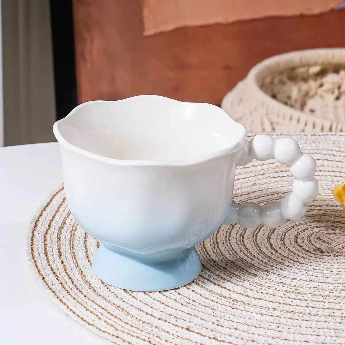 Pastel Gradient Ceramic Mug with Ruffle Handle & Spoon