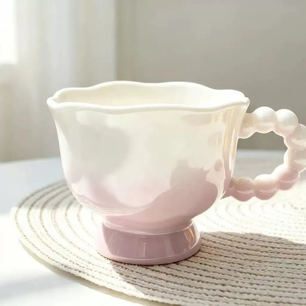 Pastel Gradient Ceramic Mug with Ruffle Handle & Spoon