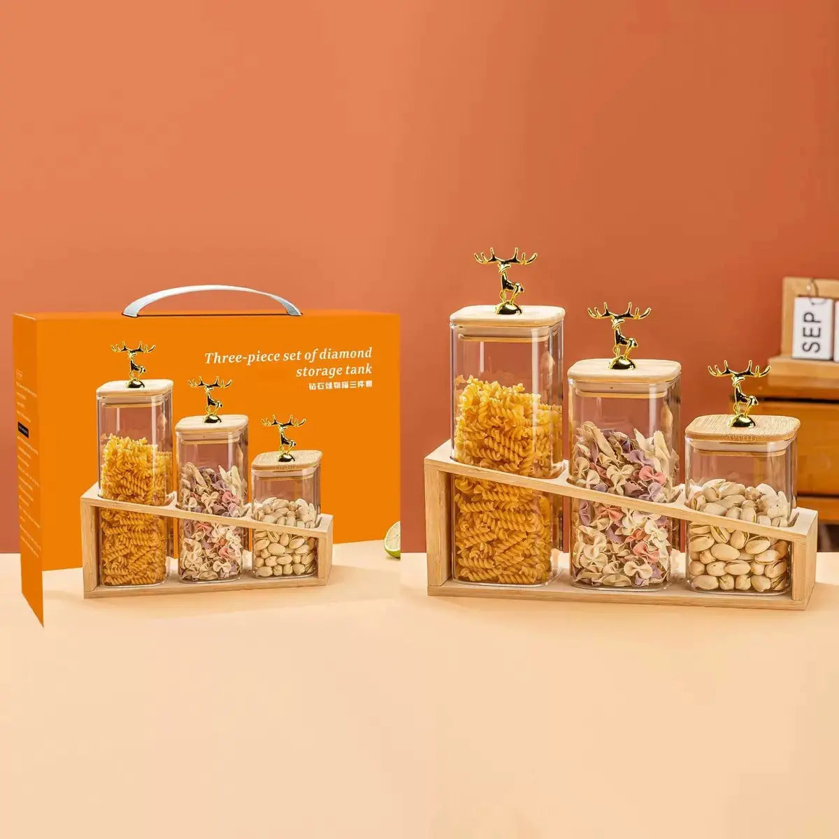 3-Piece Square Glass Storage Jar Set with Bamboo Stand & Golden Deer Knobs