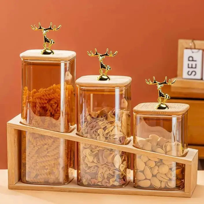 3-Piece Square Glass Storage Jar Set with Bamboo Stand & Golden Deer Knobs