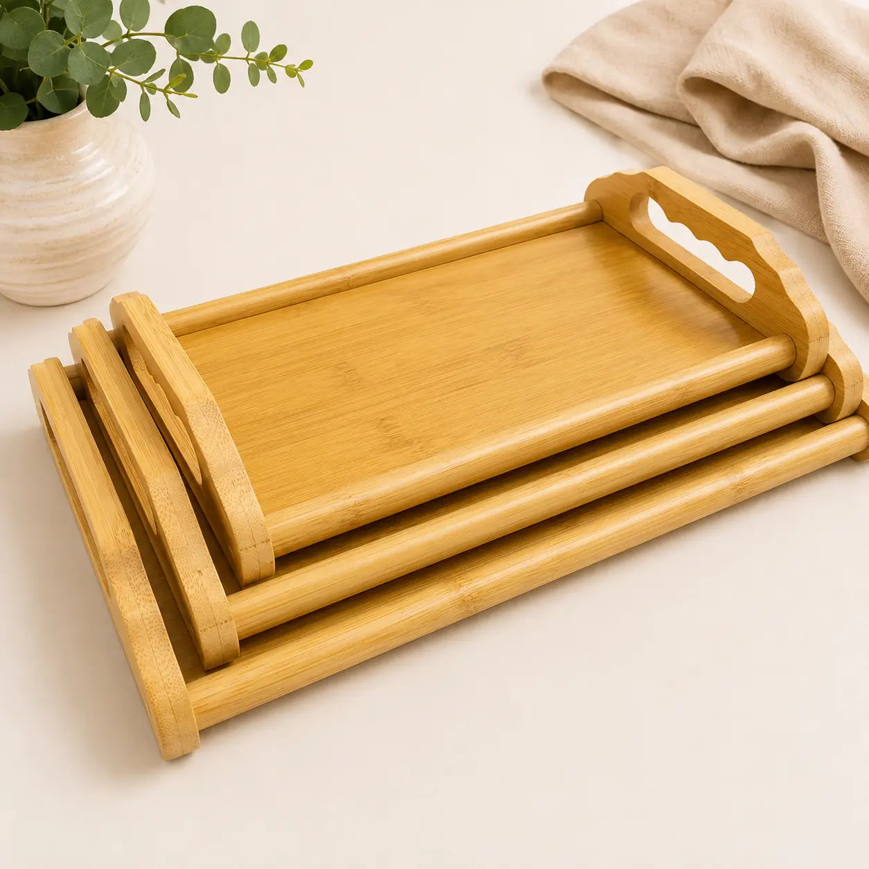 3-Piece Bamboo Serving Tray Set with Handles