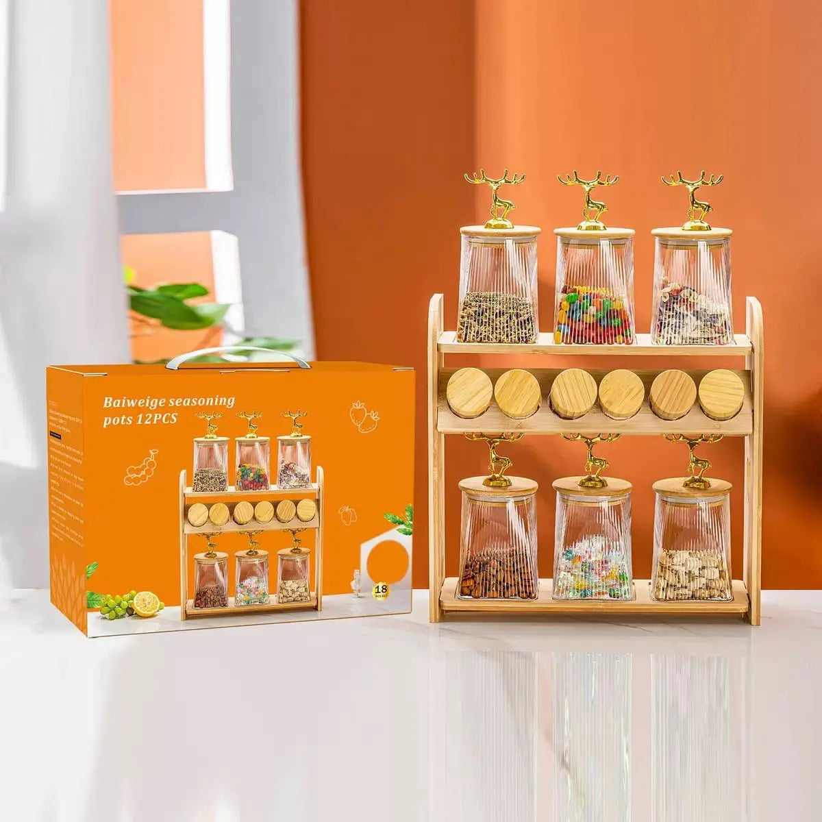 12-Piece Luxury Glass Seasoning & Spice Jar Set with Bamboo Rack & Deer Knob Lids