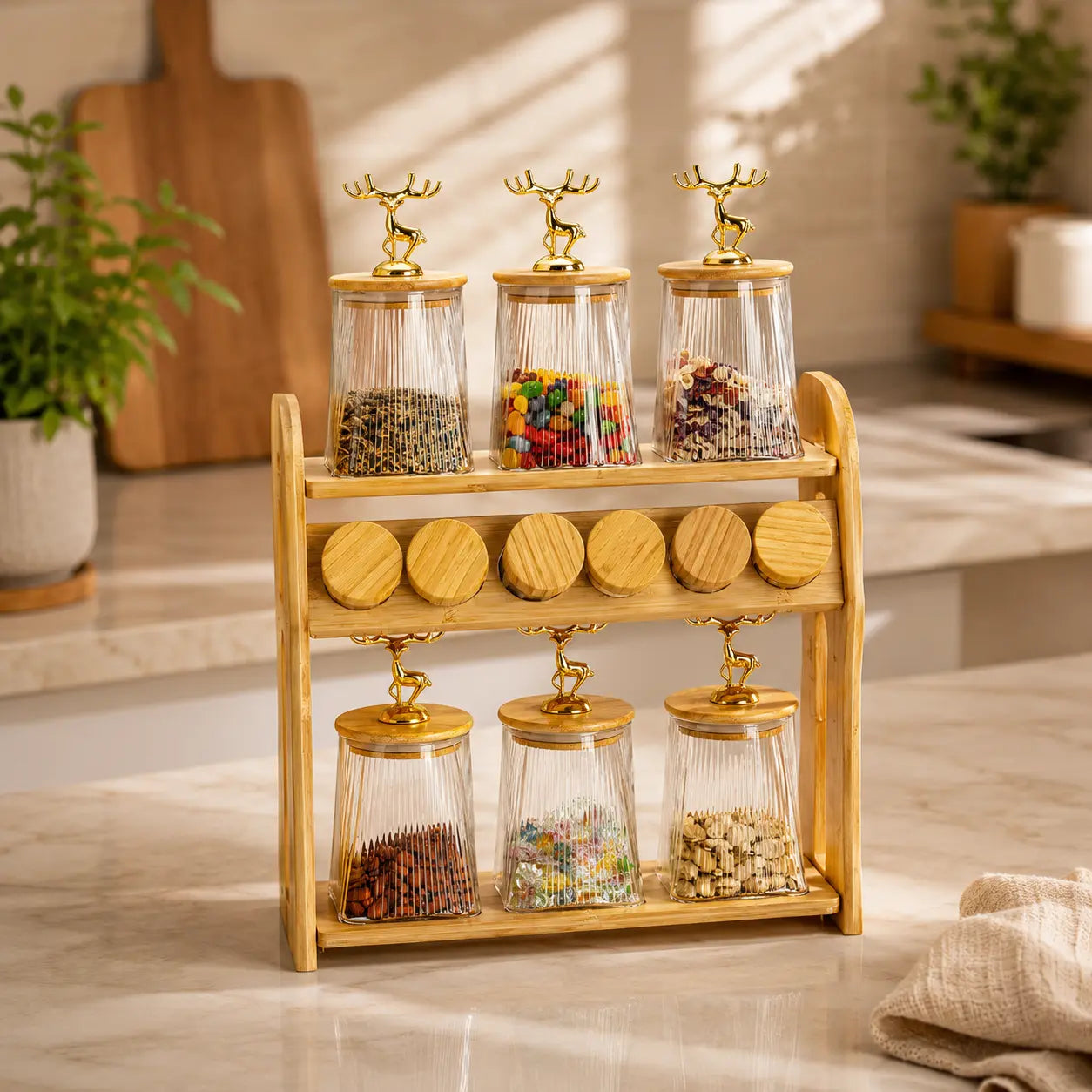 12-Piece Luxury Glass Seasoning & Spice Jar Set with Bamboo Rack & Deer Knob Lids