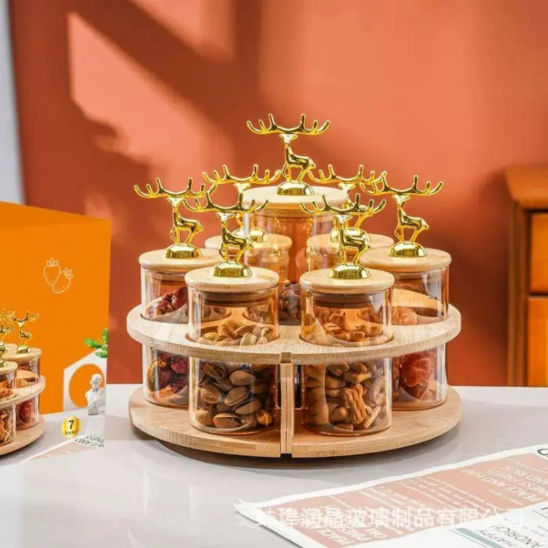 7-Piece Rotating Glass Storage Jar Set with Bamboo Stand & Golden Deer Knobs