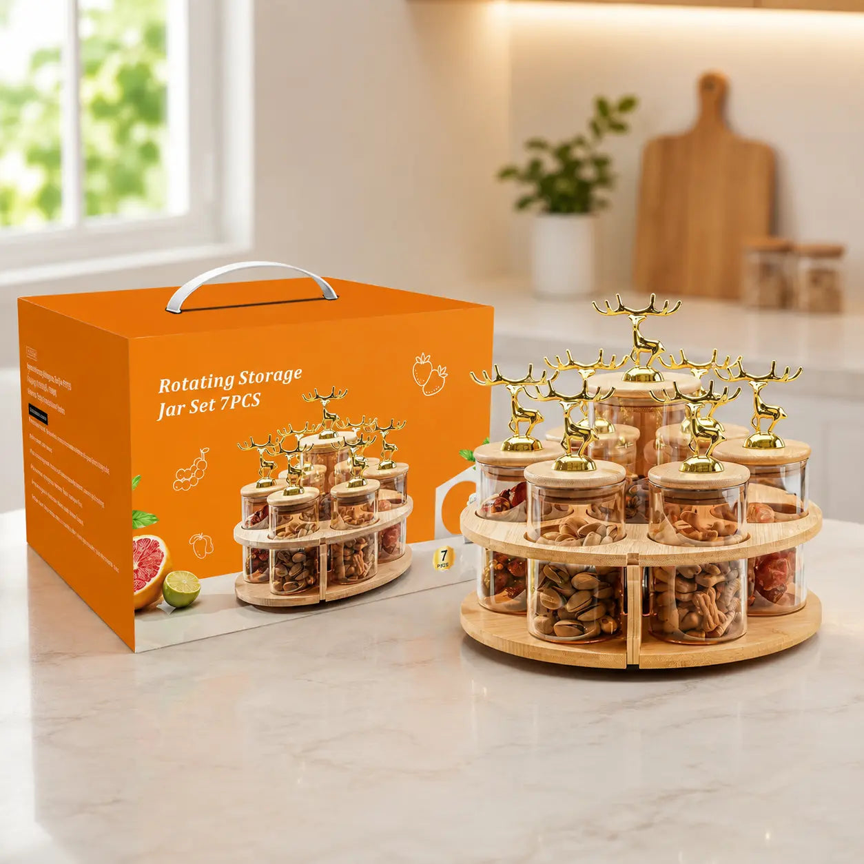 7-Piece Rotating Glass Storage Jar Set with Bamboo Stand & Golden Deer Knobs