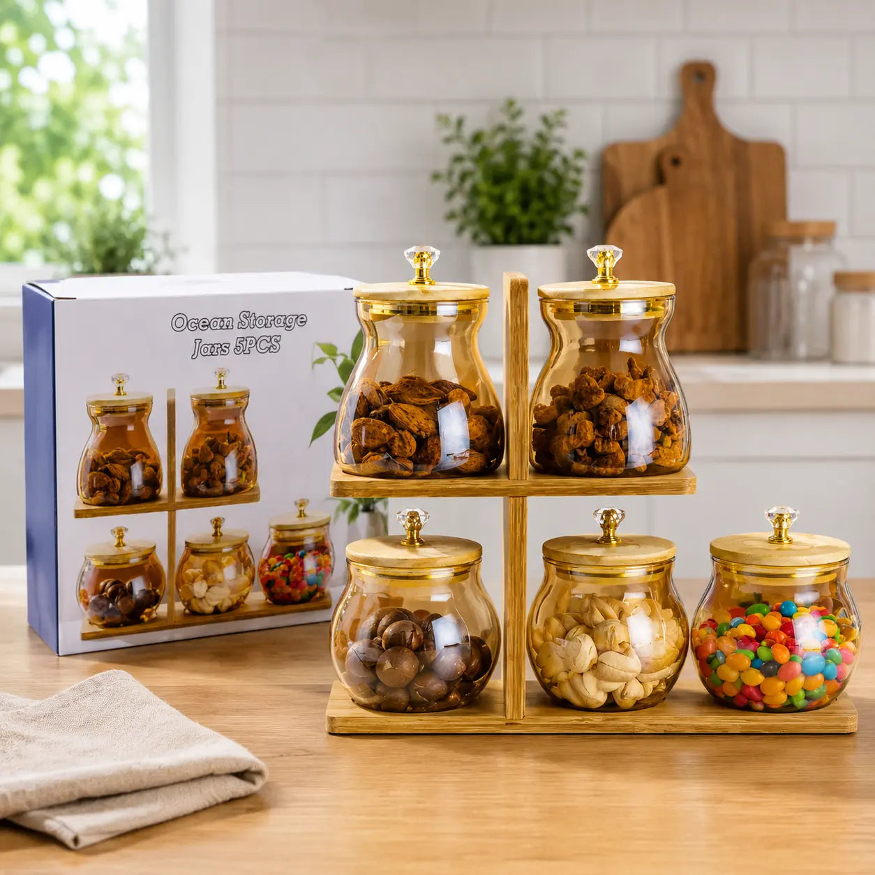 5-Piece Ocean Glass Storage Jar Set with 2 Tier Bamboo Stand & Crystal Knob Lids