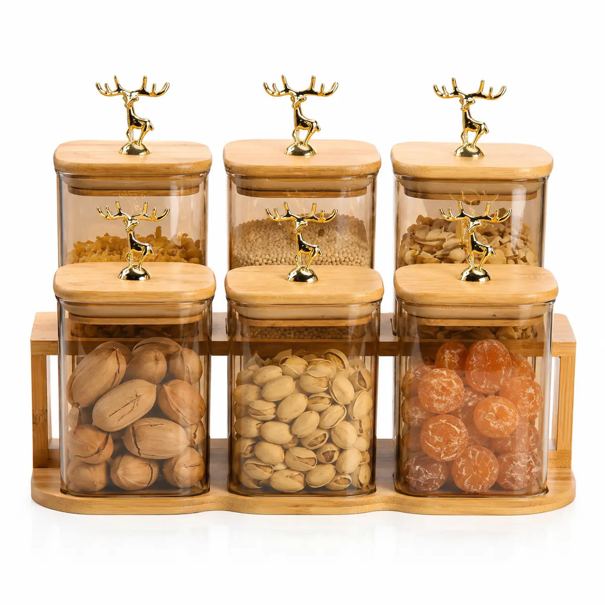 6-Piece Square Glass Storage Jar Set with Bamboo Stand & Golden Deer Lids
