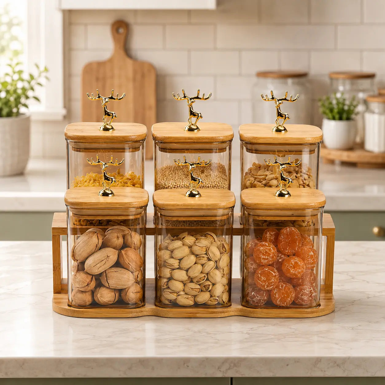 6-Piece Square Glass Storage Jar Set with Bamboo Stand & Golden Deer Lids