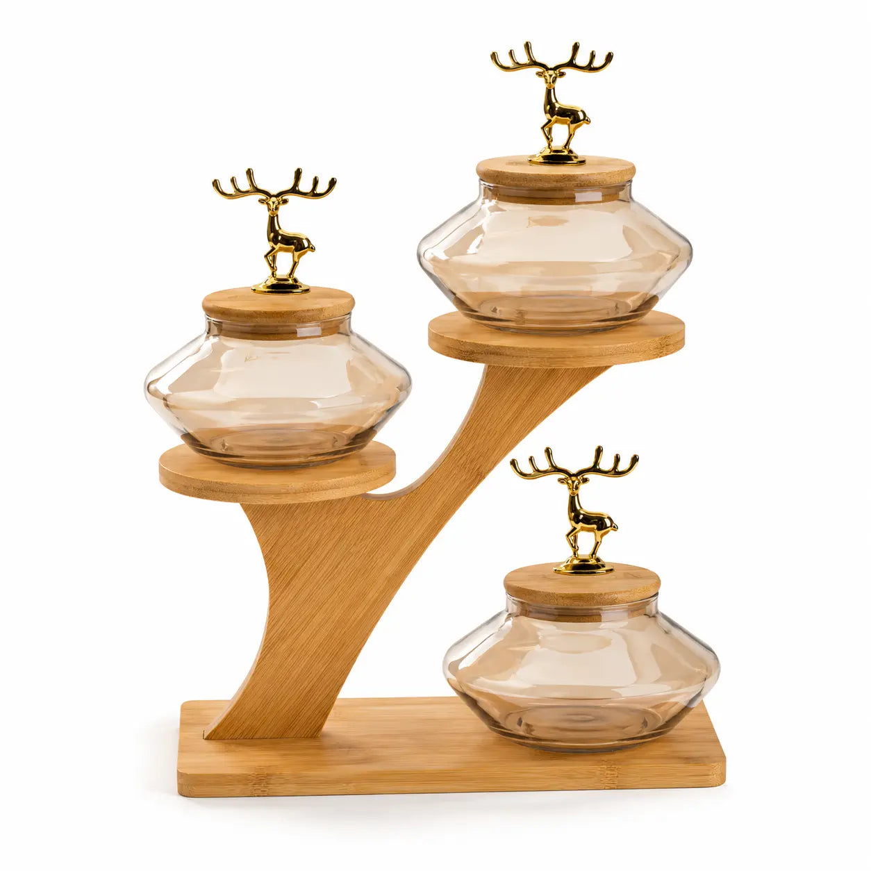 3-Piece Glass Dry Fruit Jar Set with Bamboo Display Stand & Golden Deer Handles