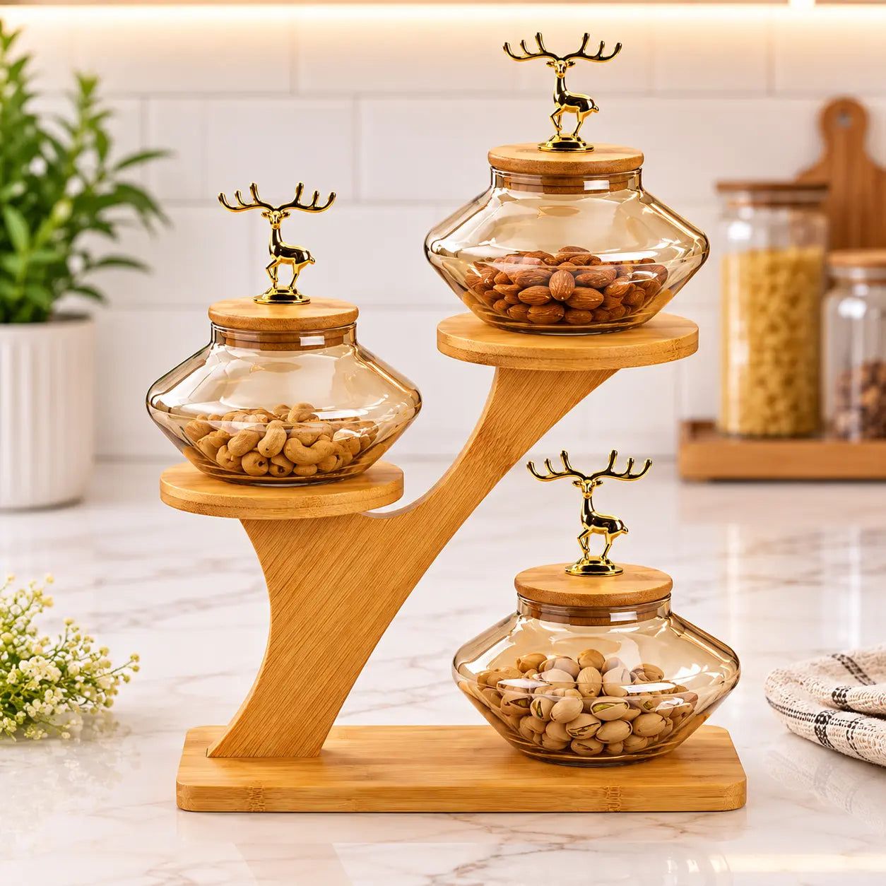 3-Piece Glass Dry Fruit Jar Set with Bamboo Display Stand & Golden Deer Handles
