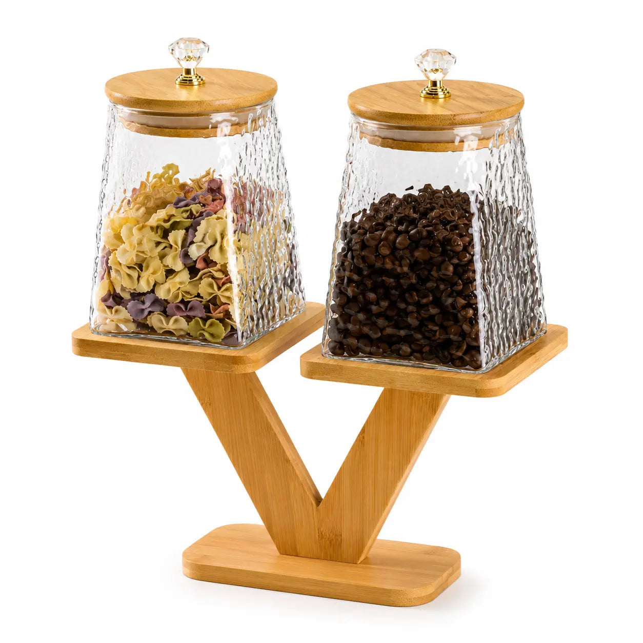 2-Piece Textured Glass Storage Jar Set with Bamboo V-Shape Stand