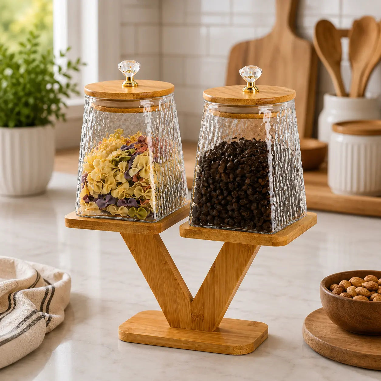2-Piece Textured Glass Storage Jar Set with Bamboo V-Shape Stand