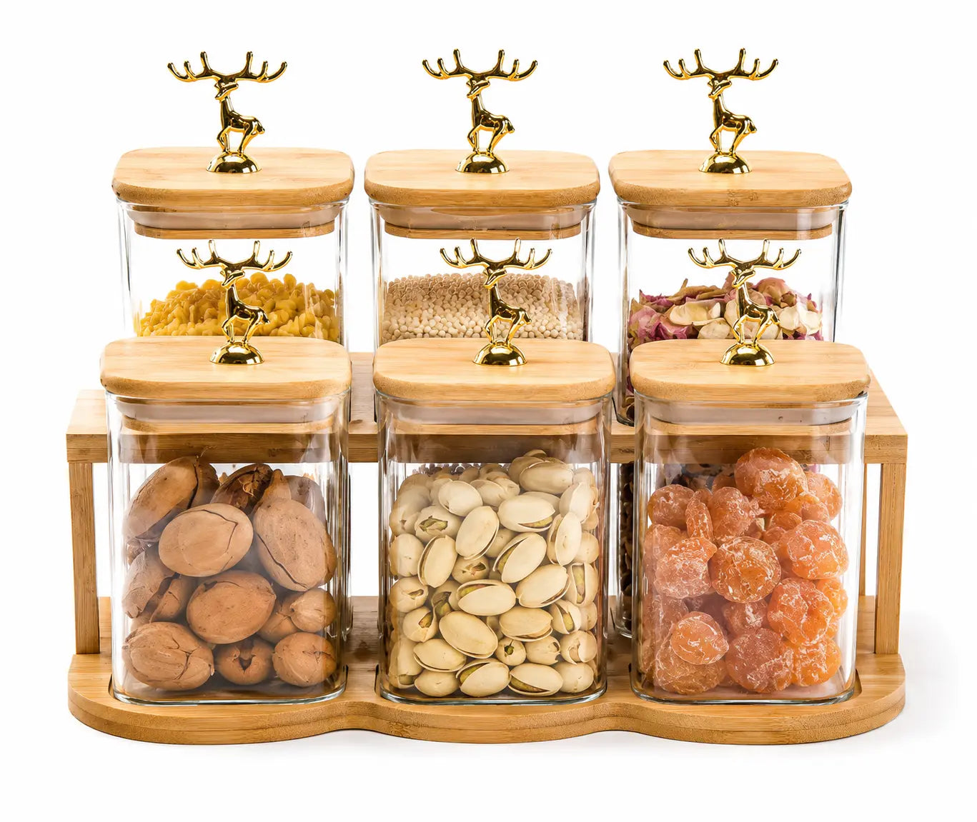 6-Piece Square Glass Storage Jar Set with Bamboo Stand & Golden Deer Lids