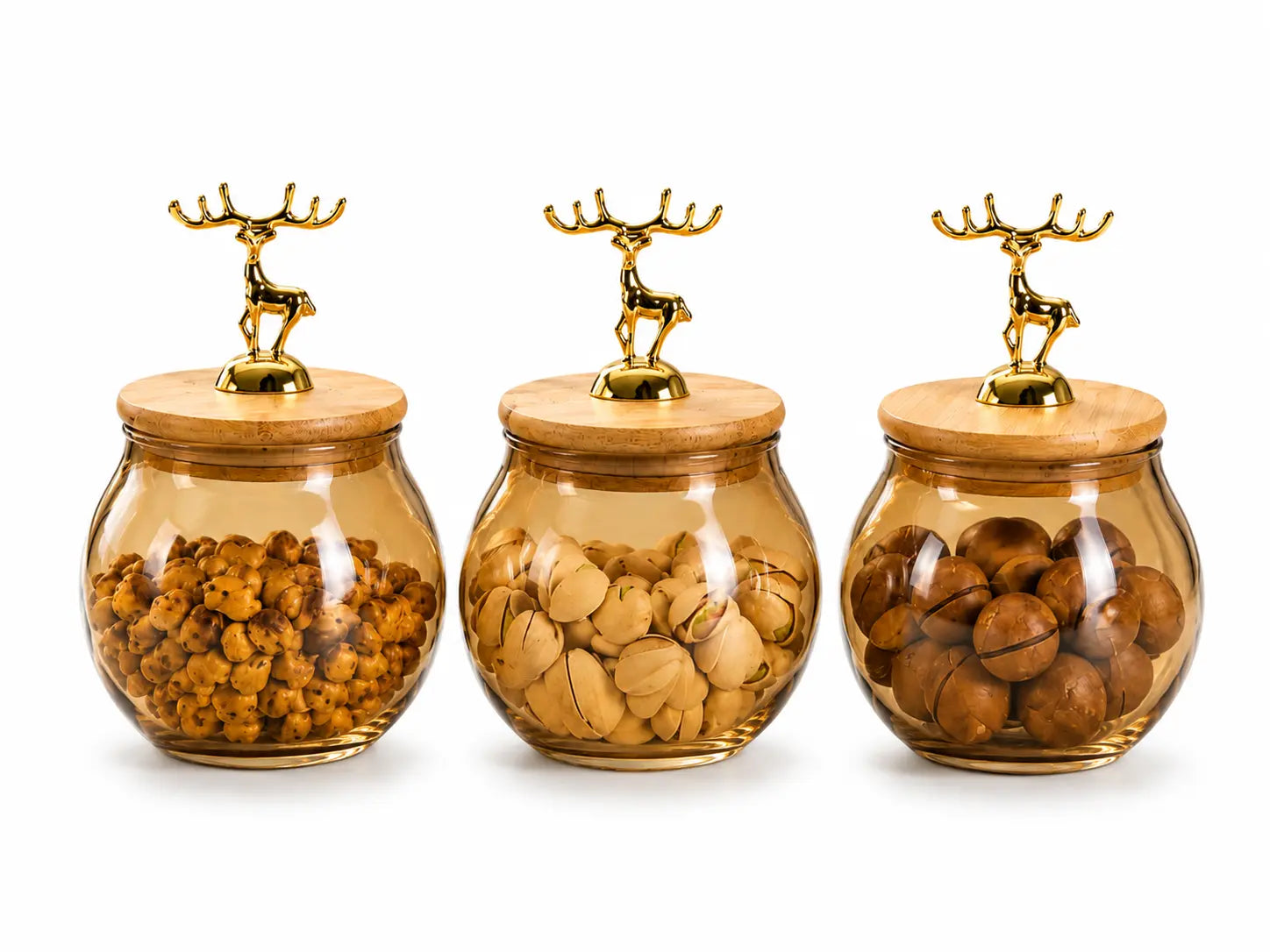 3-Piece Amber Glass Dry Fruit Jar Set with Bamboo Lids & Golden Deer Handles