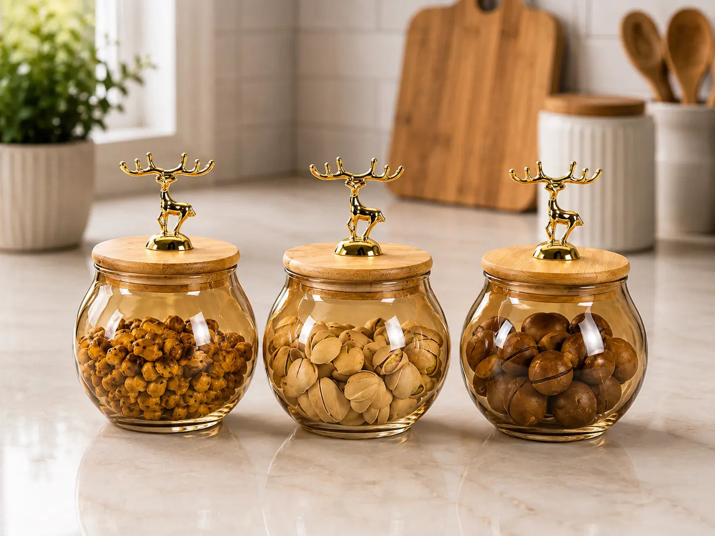 3-Piece Amber Glass Dry Fruit Jar Set with Bamboo Lids & Golden Deer Handles