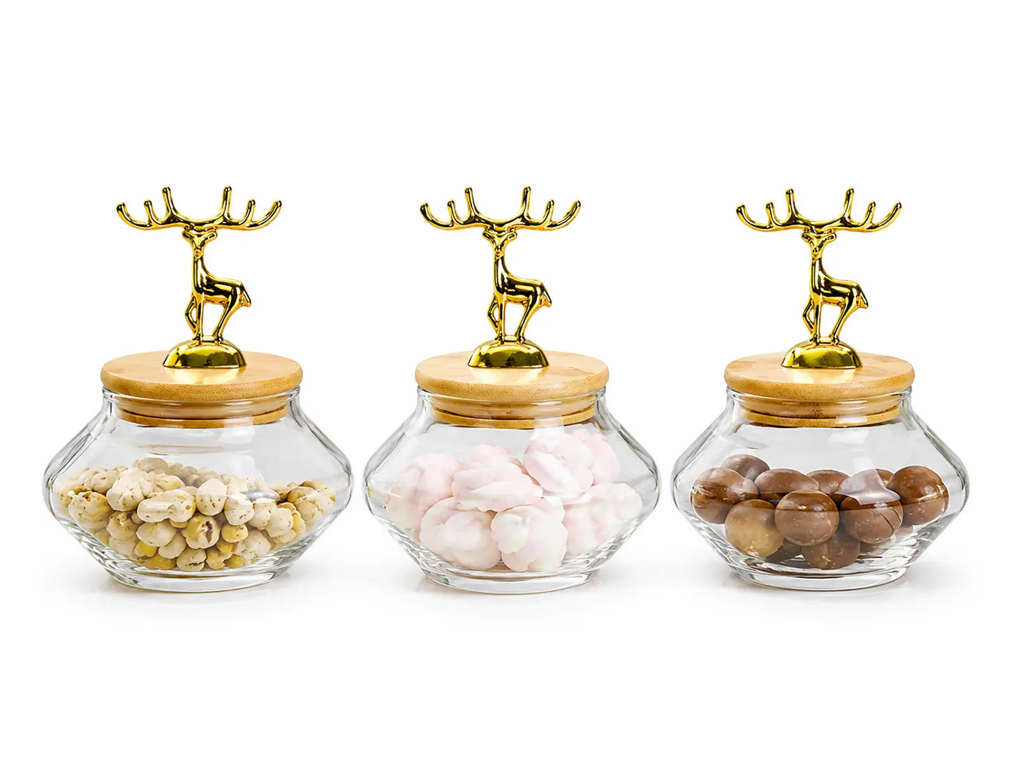 3-Piece Luxury Glass Storage Jar Set with Bamboo Lids & Golden Deer Handles