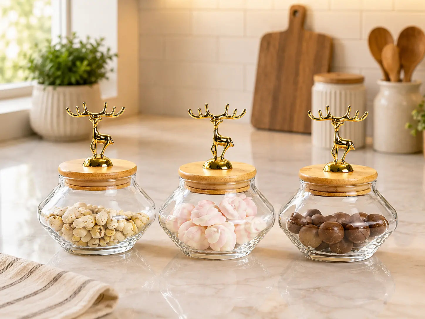 3-Piece Luxury Glass Storage Jar Set with Bamboo Lids & Golden Deer Handles