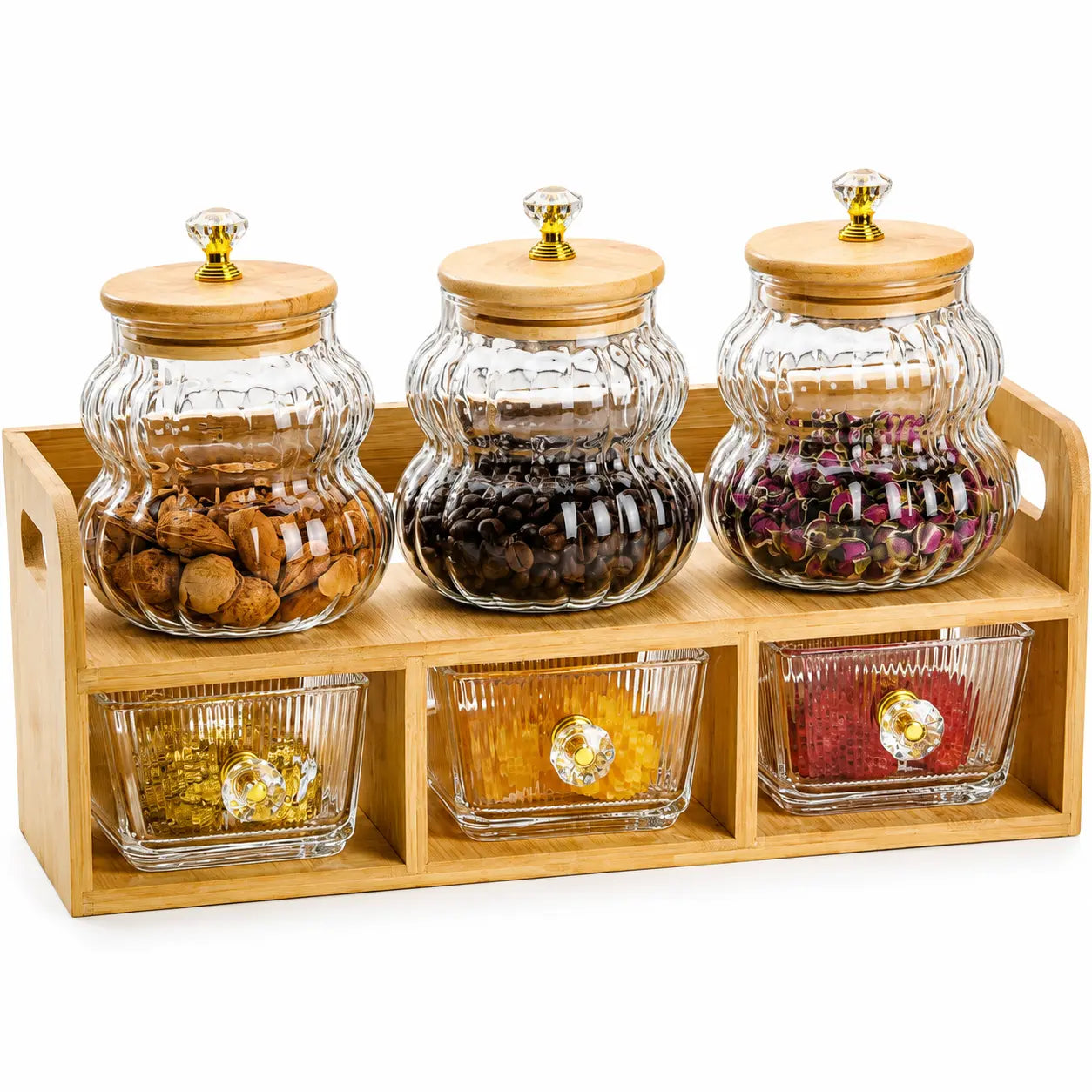 6-Piece Glass Dry Food Storage Jar & Drawer Organizer Set with Bamboo Stand