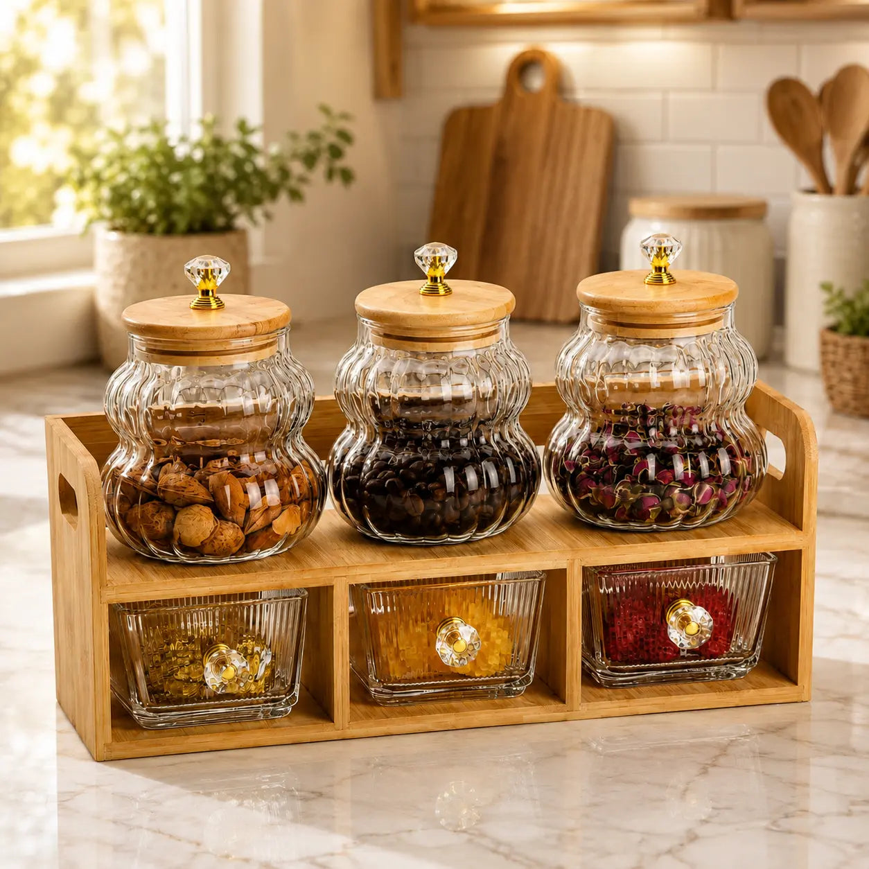 6-Piece Glass Dry Food Storage Jar & Drawer Organizer Set with Bamboo Stand