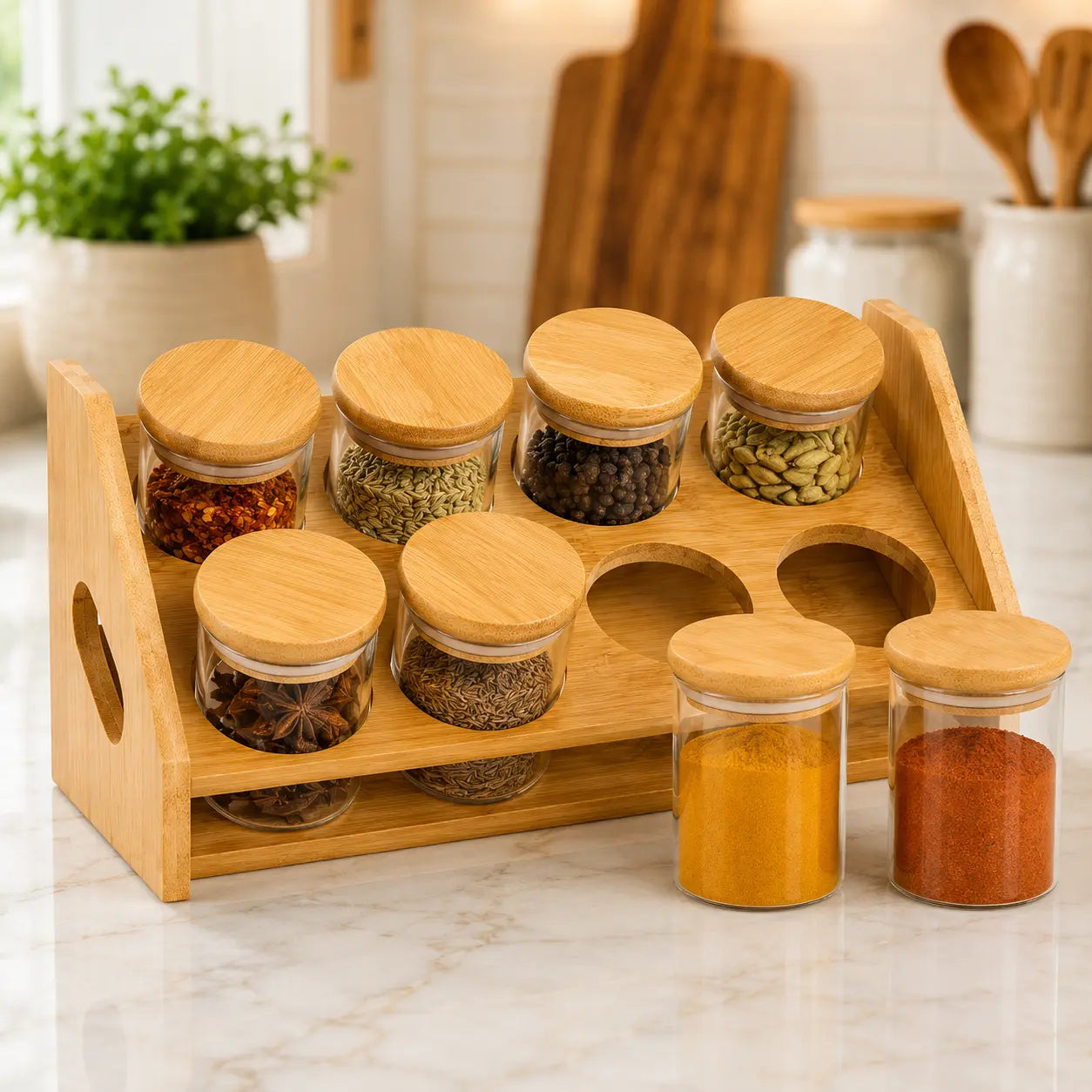 10-Piece Glass Spice Jar Set with Bamboo Stand & Lids